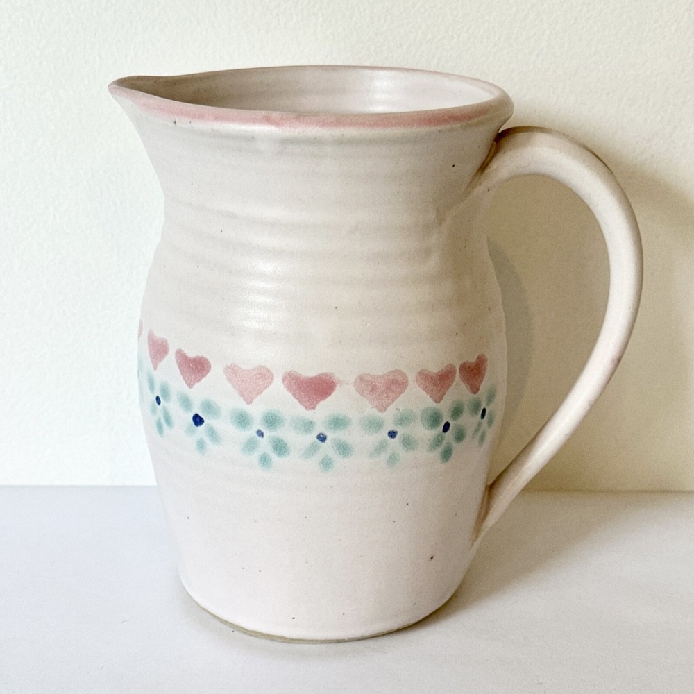 Pink hand thrown pottery pitcher with hearts & flowers stamped MC made In‎  CO